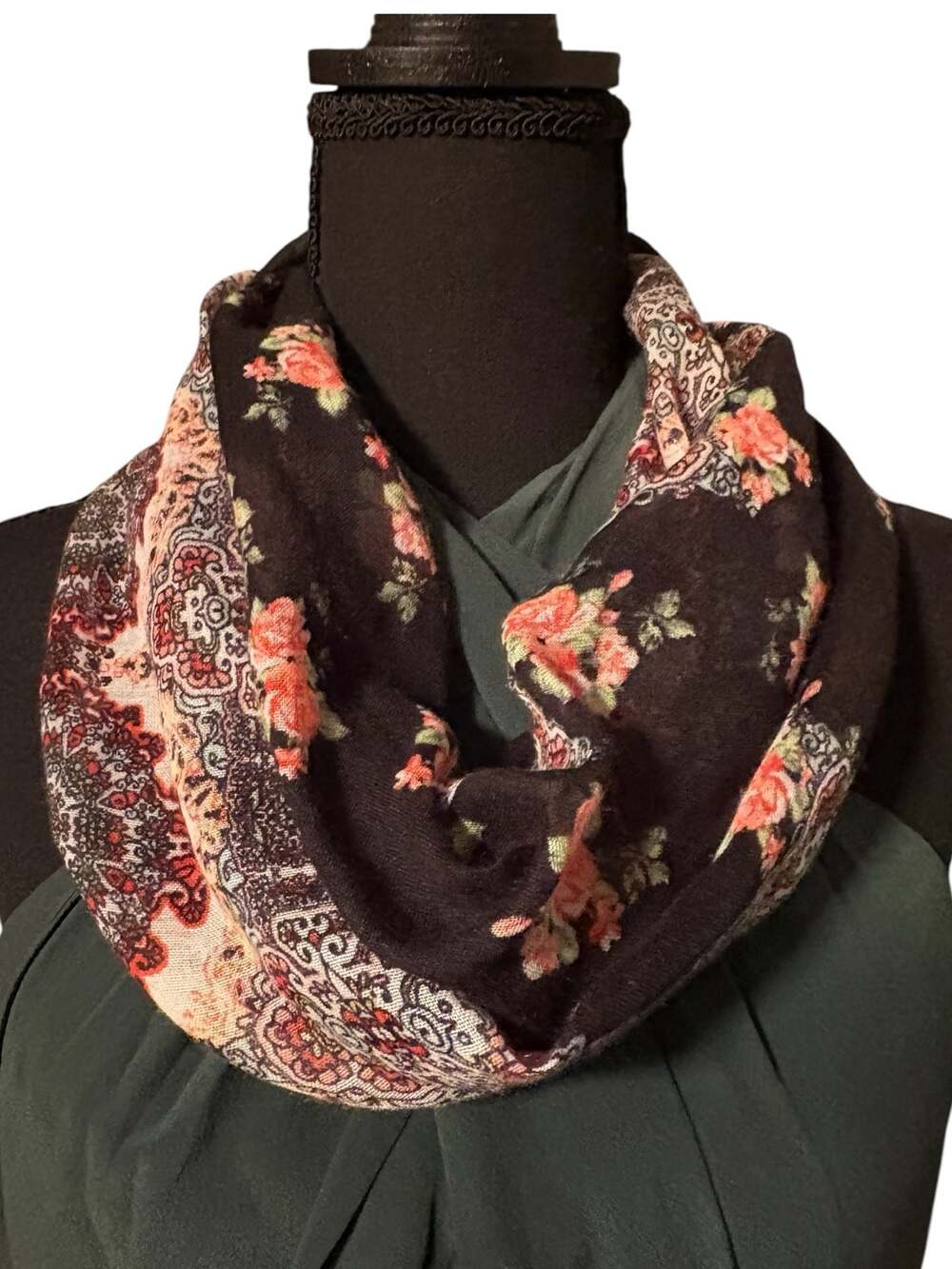 Neon Soul Floral and Paisley Print Black Lightweight Infinity Scarf